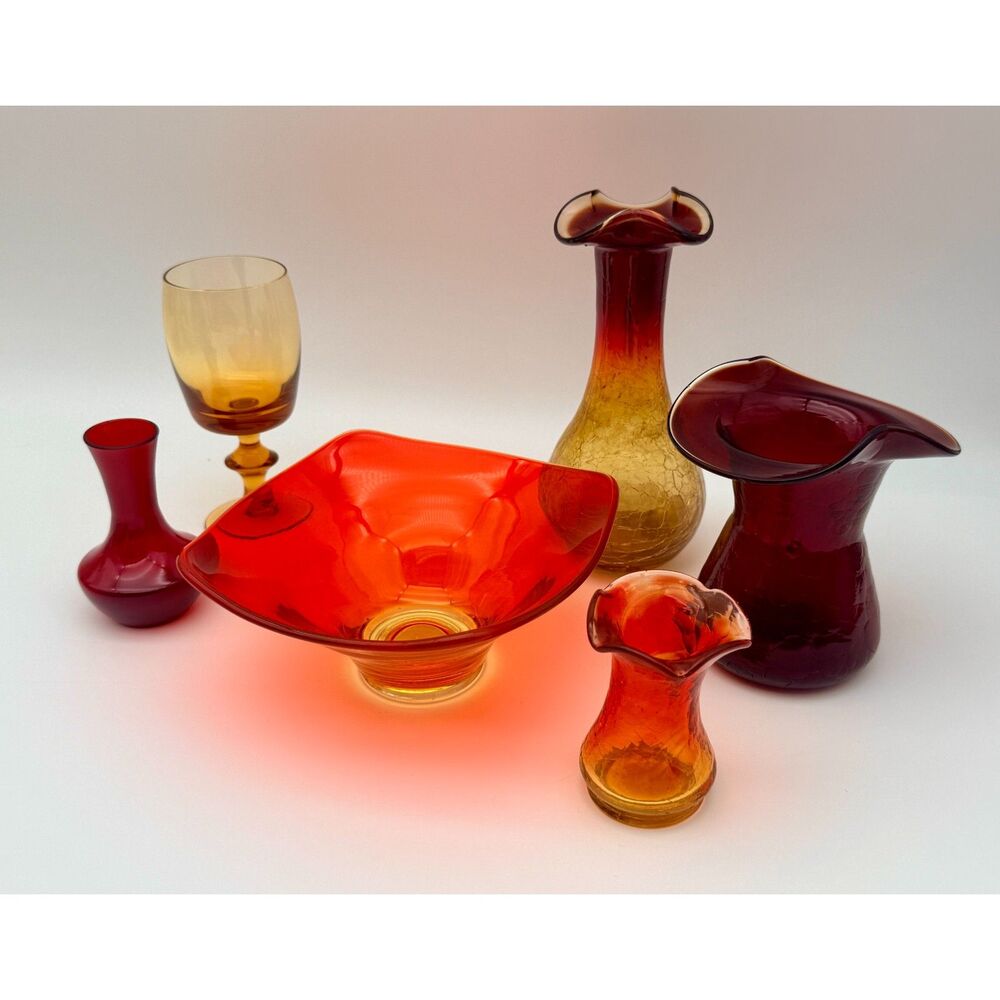 Mid Century Art Glass Lot Amberina Crackle Vase Bowl 6pc